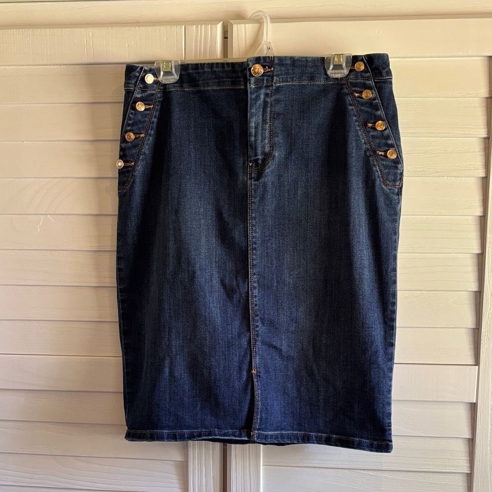 Chico's Dark Blue Denim Pencil Skirt with Gold Button Accents